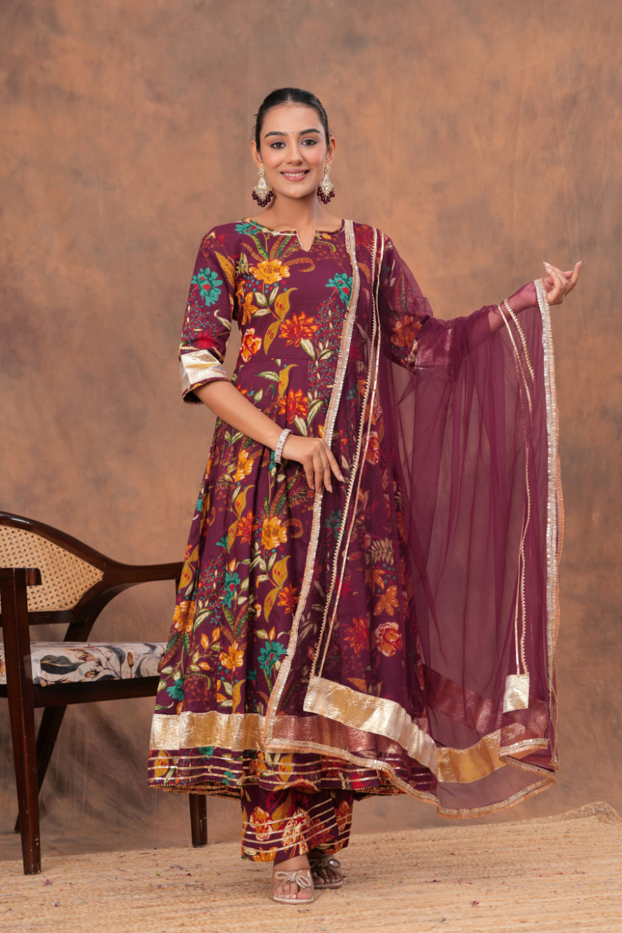 9 Kamee Burgundy V-Neck Kurta Palazzo Set with Dupatta in Cotton