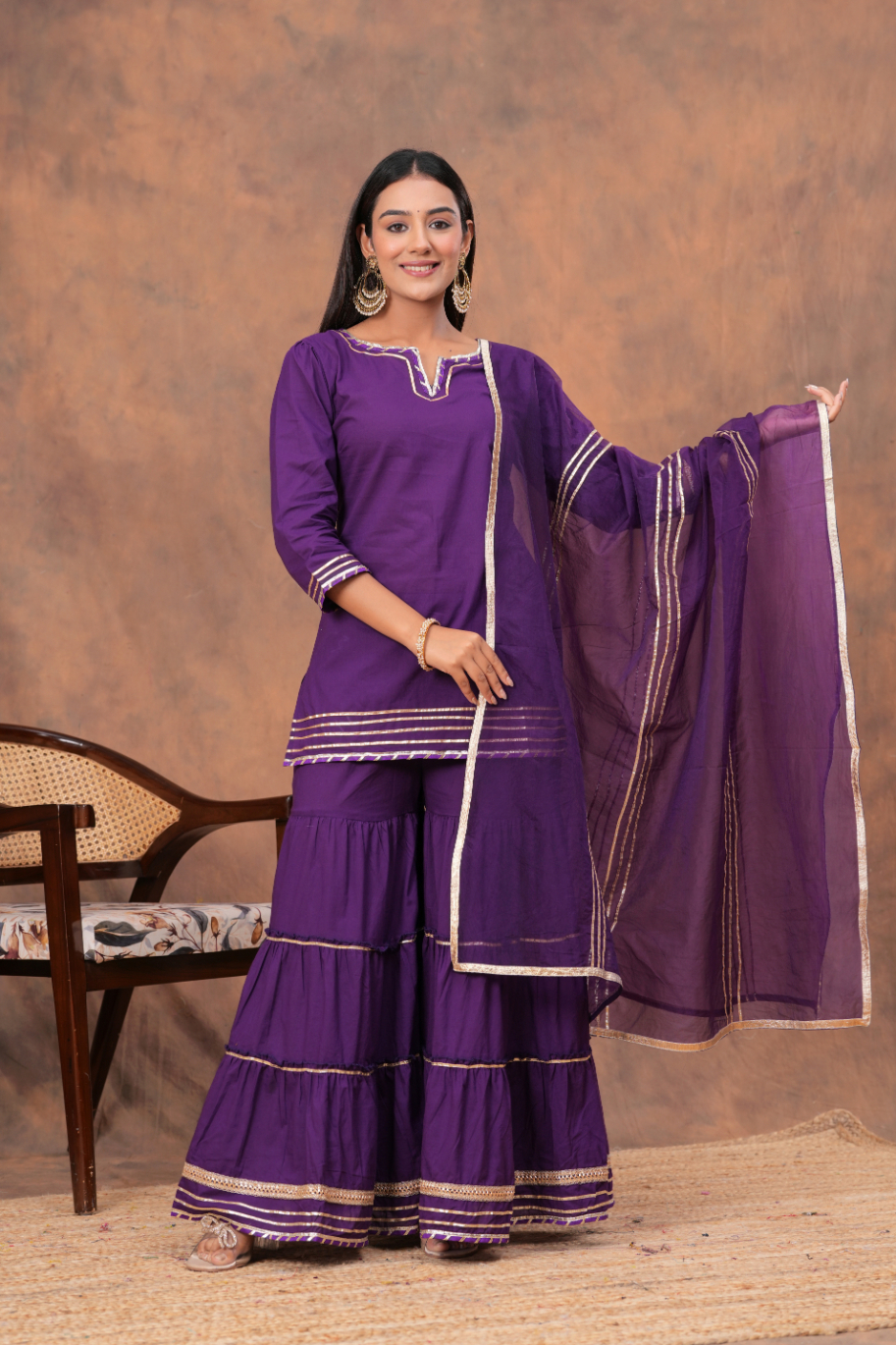 9 Kamee Purple V-Neck Kurta Palazzo Set with Dupatta in Cotton