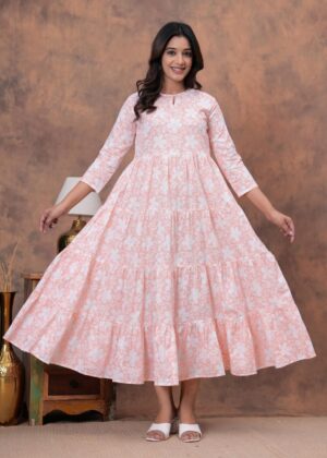 Kamee Peach Cotton Floral Dress with Three-Fourth Sleeves – Women’s Casual Dress