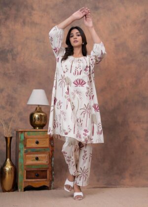 Kamee Cream Cotton Co-ord Set – Shirt and Trousers for Women