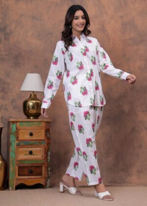 Kamee Women Pure Cotton Pink Shirt & Trouser Co-Ords Set for Women