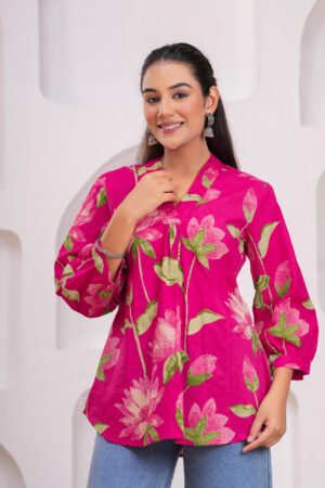 Kamee Floral V-Neck Kurti in pink, made from 100% pure cotton.