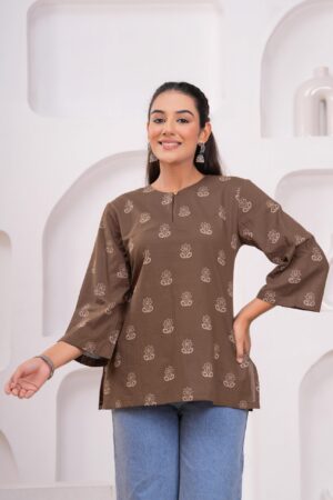 Kamee Floral Brown Kurti for Women, Pure Cotton Fabric