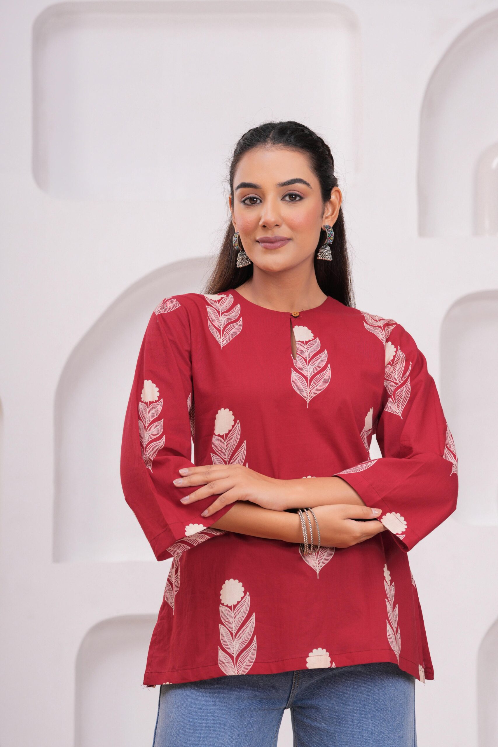 DSC03684copy Kamee Printed Red Kurti for Women, Pure Cotton Fabric