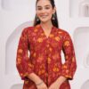 Kamee Floral V-Neck Kurti for Women in Maroon, Pure Cotton