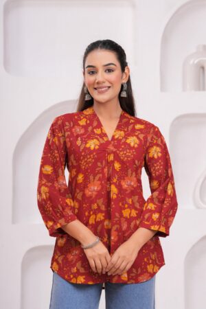 Kamee Floral V-Neck Kurti for Women in Maroon, Pure Cotton