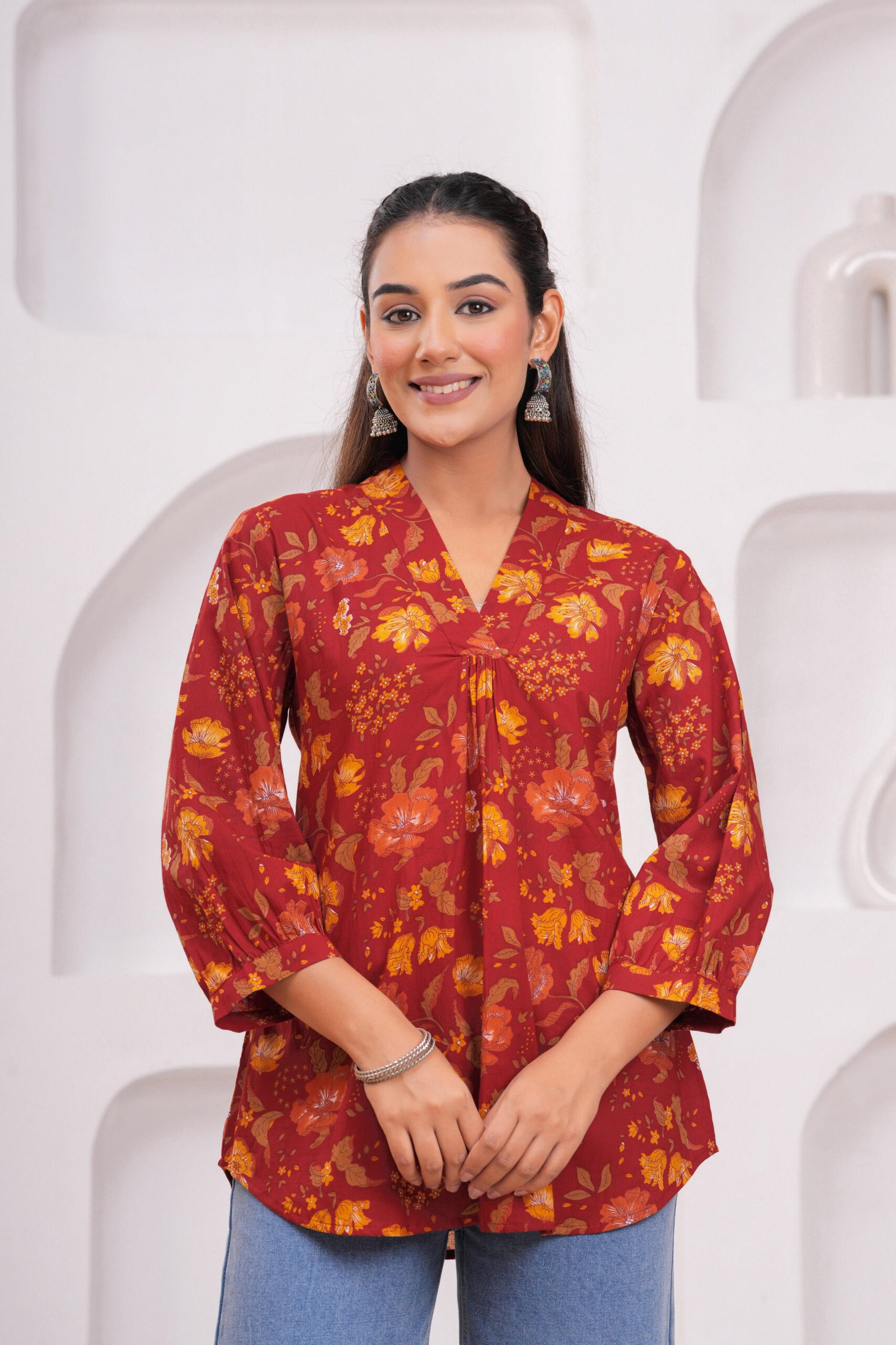 Kamee Floral V-Neck Kurti for Women in Maroon, Pure Cotton