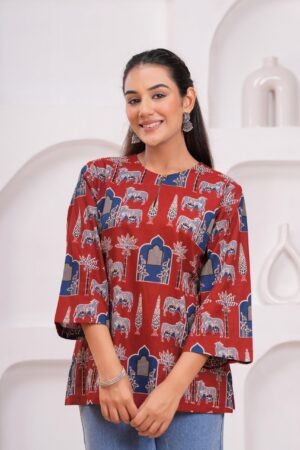 Kamee Red Kurti for Women, Pure Cotton Fabric