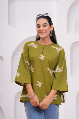 Kamee Printed Green Kurti for Women, Pure Cotton Fabric