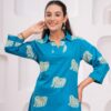Kamee Elephant Print V-Neck Kurti in blue, made from pure cotton