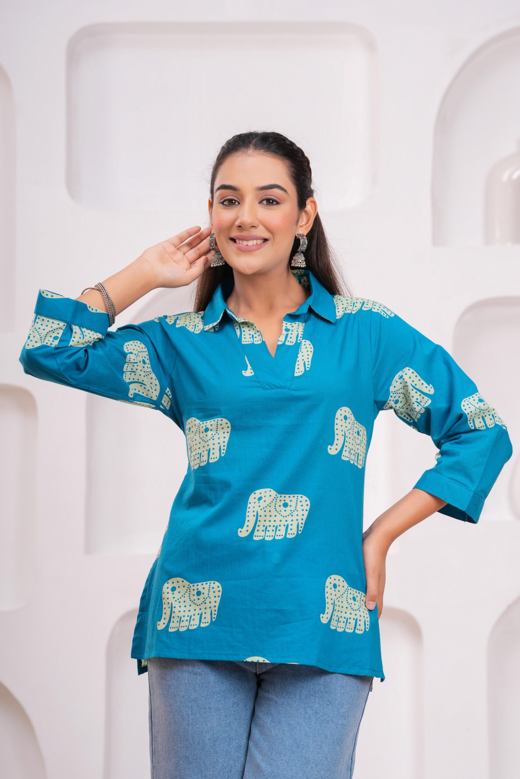 Kamee Elephant Print V-Neck Kurti in blue, made from pure cotton