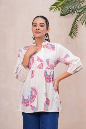 Kamee Floral V-Neck Kurti in white, made from pure cotton fabric