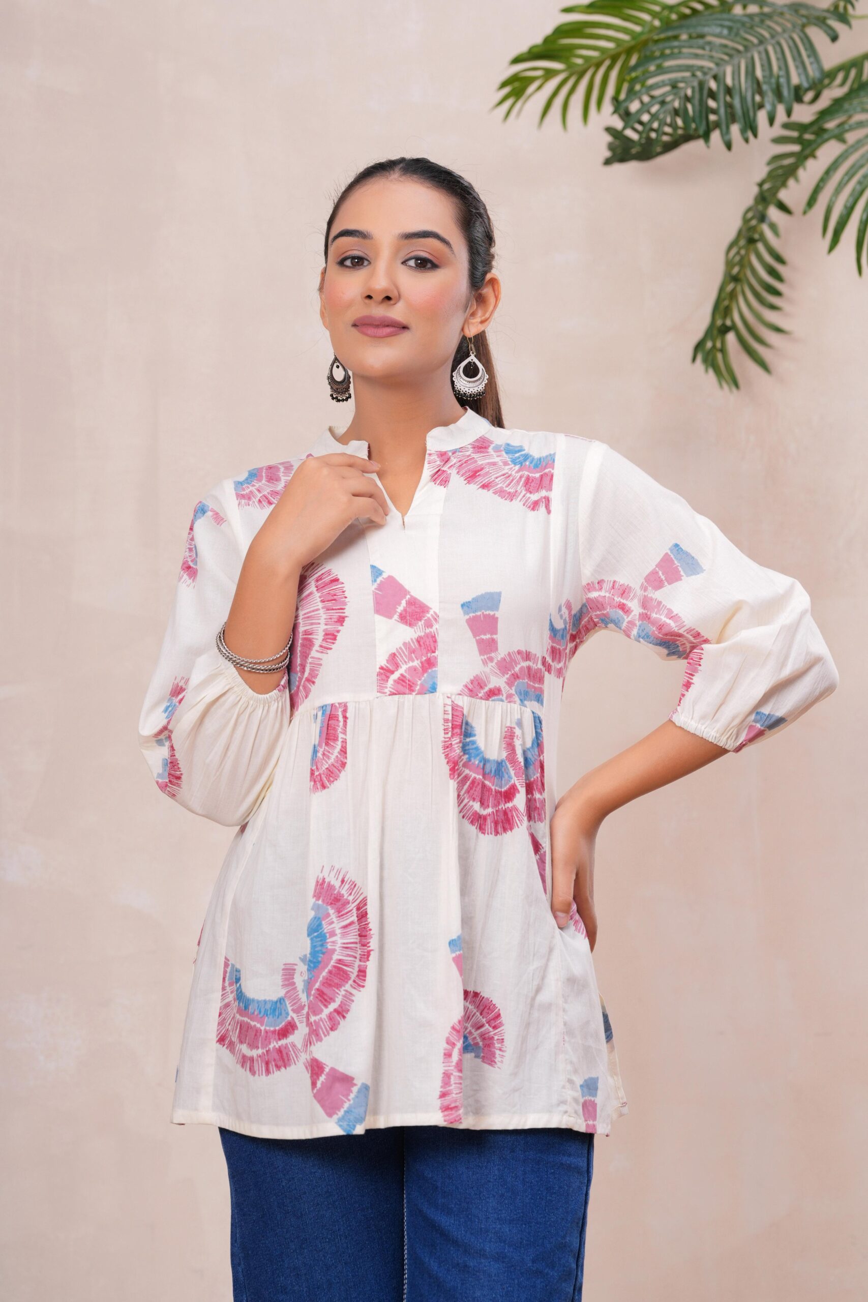 DSC04181copy Kamee Floral V-Neck Kurti in white, made from pure cotton fabric