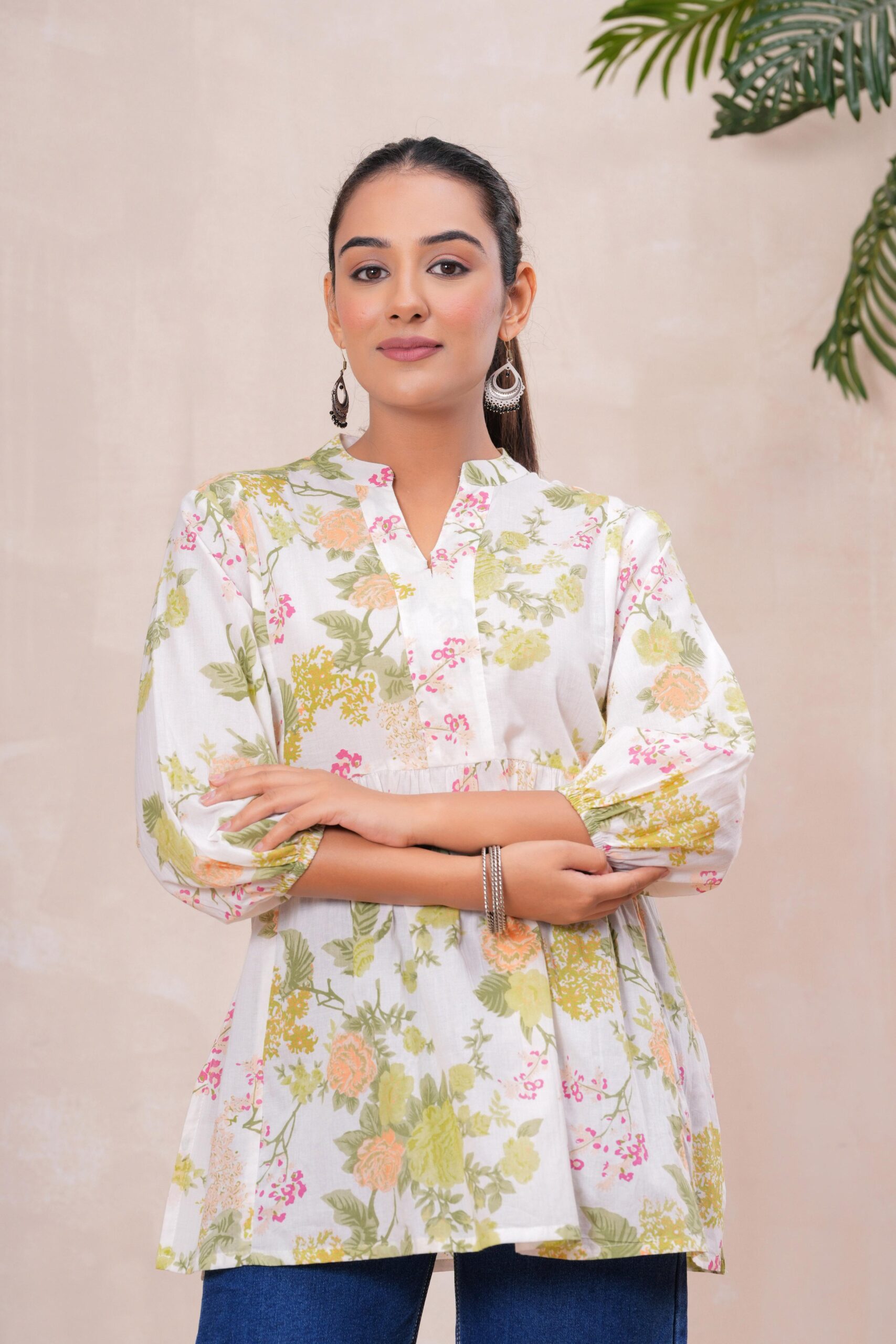 DSC04192copy Kamee Floral V-Neck Kurti in white with green flowers, made from pure cotton