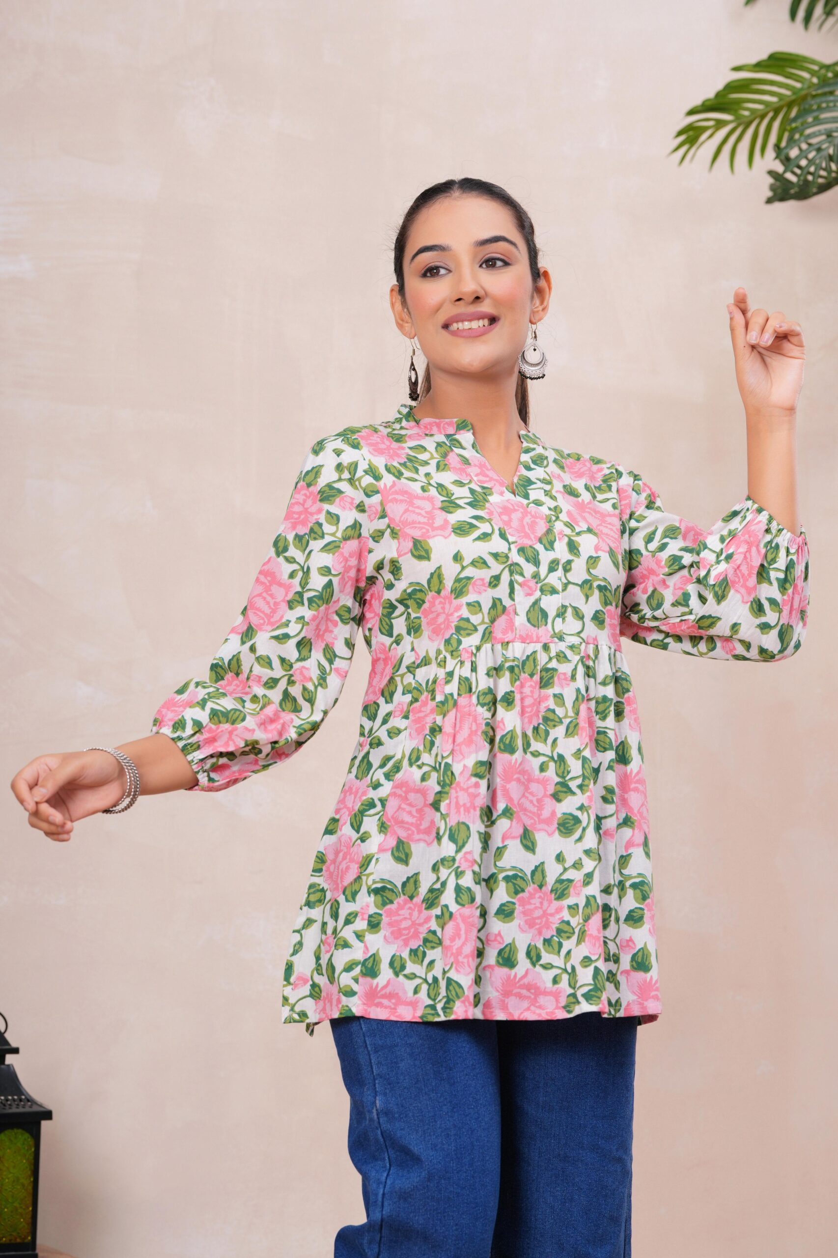 DSC04216copy Kamee Floral V-Neck Kurti in pink with floral design, made from pure cotton