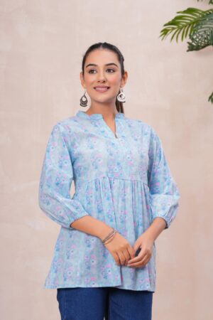 Kamee Floral V-Neck Kurti in blue, made from pure cotton