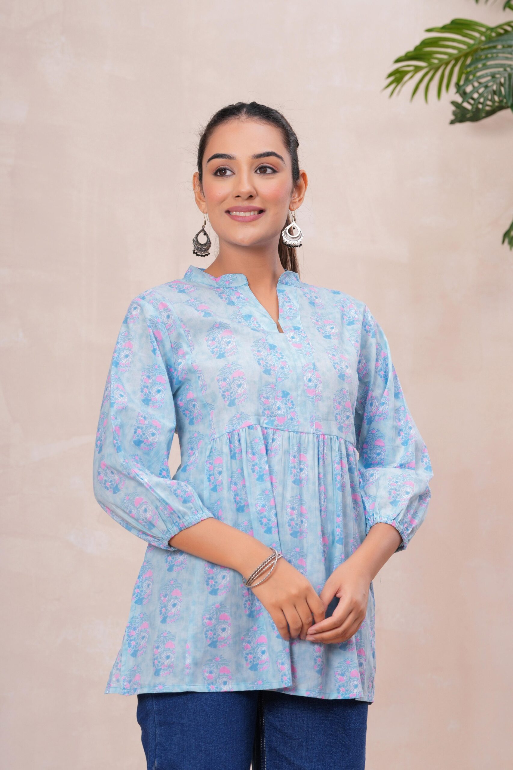 DSC04229copy Kamee Floral V-Neck Kurti in blue, made from pure cotton