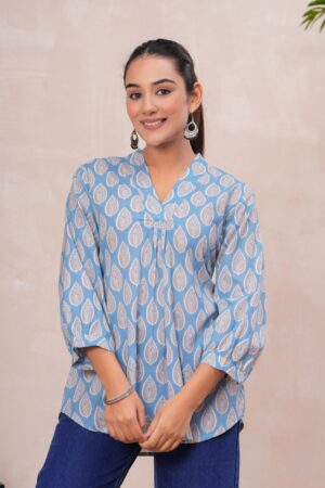 Kamee Leaf Pattern V-Neck Kurti in blue, crafted from pure cotton