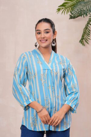 Kamee Floral V-Neck Kurti in blue, made from pure cotton