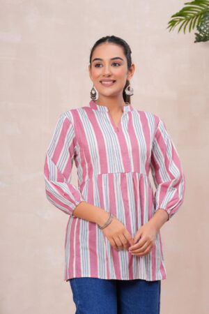 Kamee Pink Stripes V-Neck Kurti in white-pink, made from pure cotton