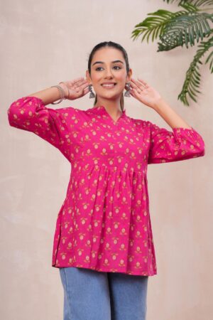 Kamee Floral V-Neck Kurti in pink, made from pure cotton