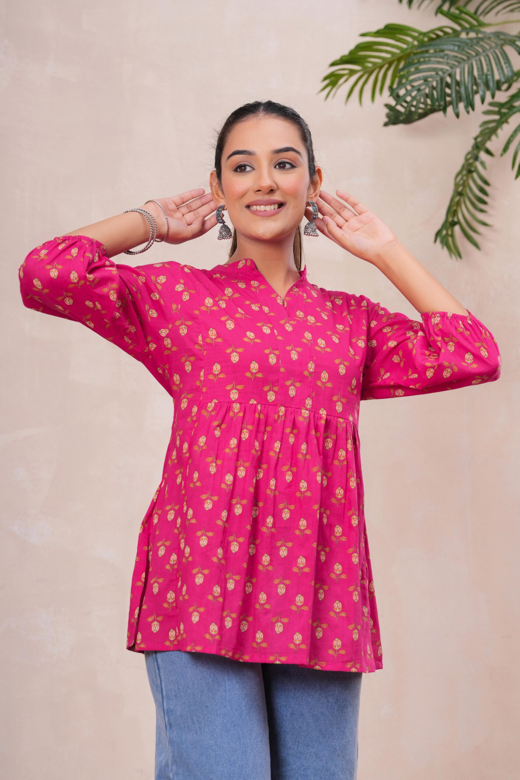 DSC04276copy Kamee Floral V-Neck Kurti in pink, made from pure cotton