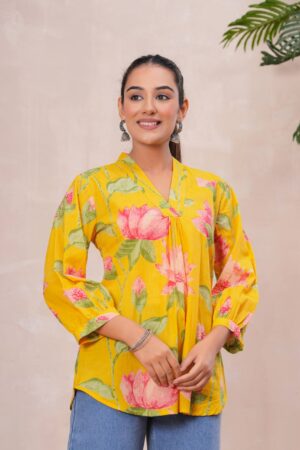 Kamee Printed V-Neck Yellow Kurti for Women, Pure Cotton