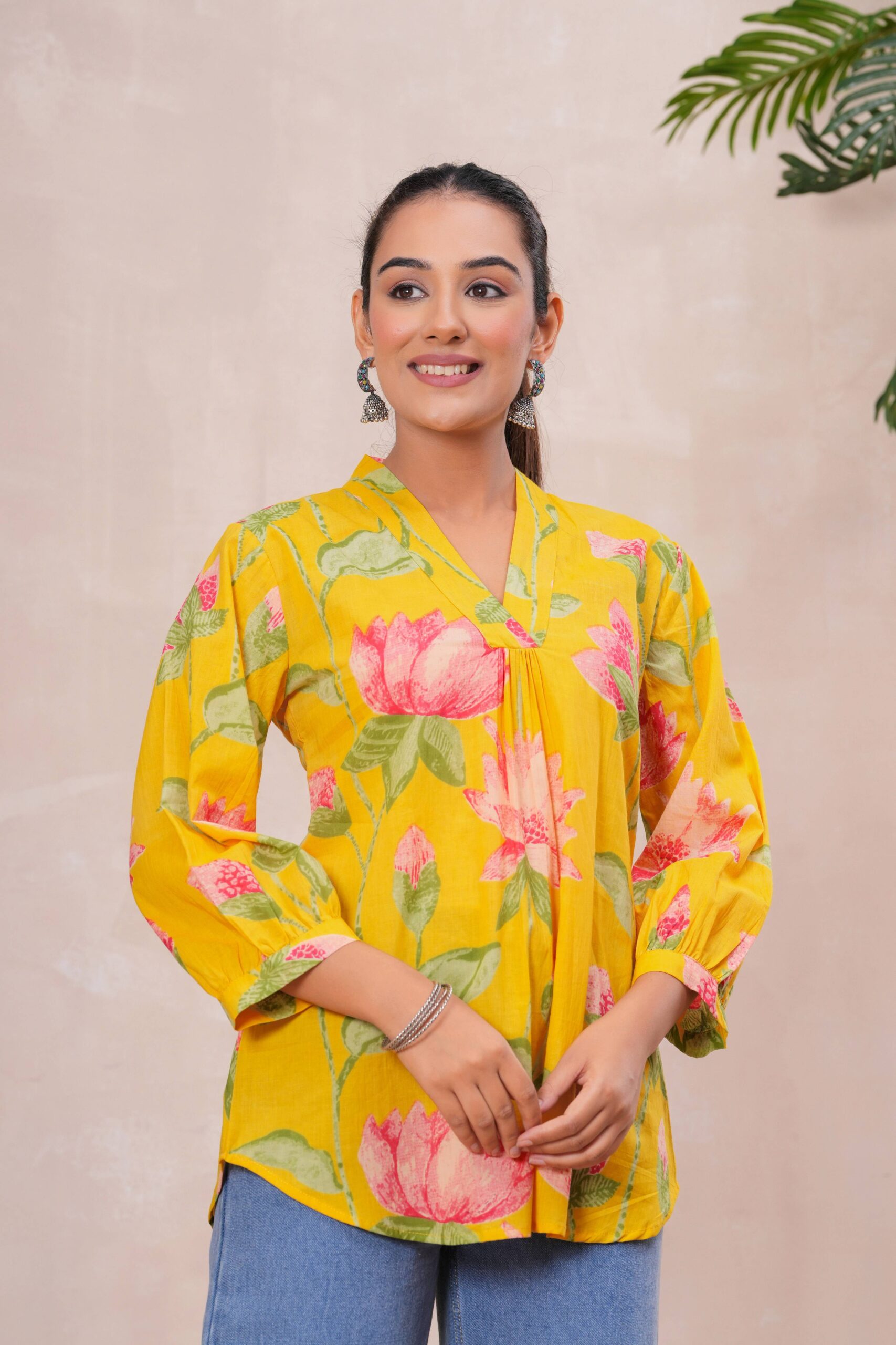 DSC04288copy Kamee Printed V-Neck Yellow Kurti for Women, Pure Cotton