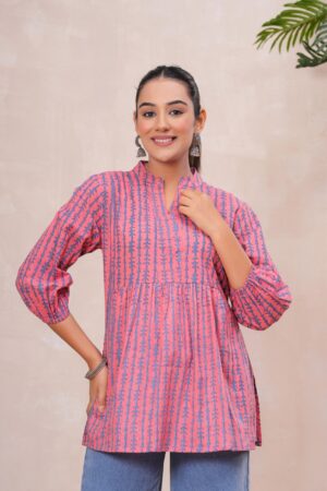 Kamee V-Neck Kurti in pink, made from pure cotton fabric