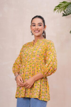 Kamee V-Neck Kurti in yellow, made from pure cotton fabric