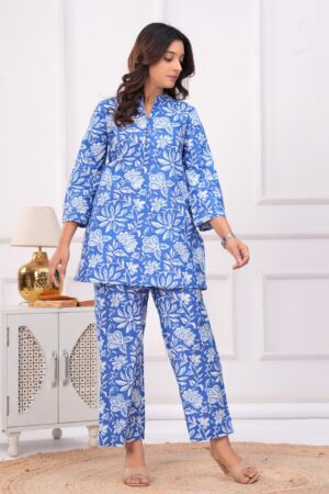 Kamee Blue Cotton Co-ord Set – Shirt and Trouser Combo for Women