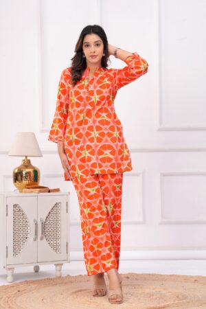 Kamee Red Cotton Co-ord Set with Shirt and Trouser