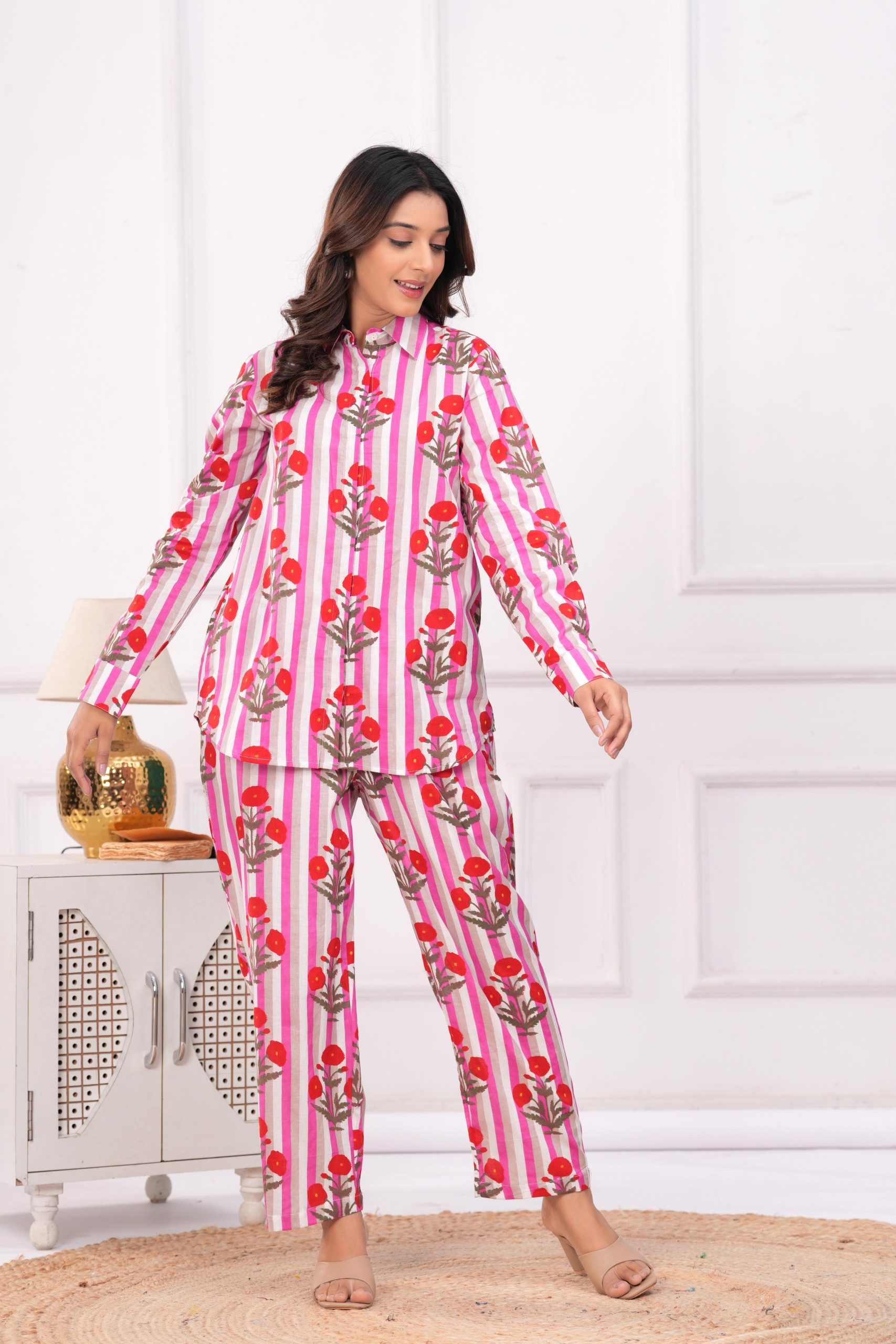 DSC05904 copy Kamee Women Pure Cotton Pink Striped Shirt & Trouser Co-Ords Set