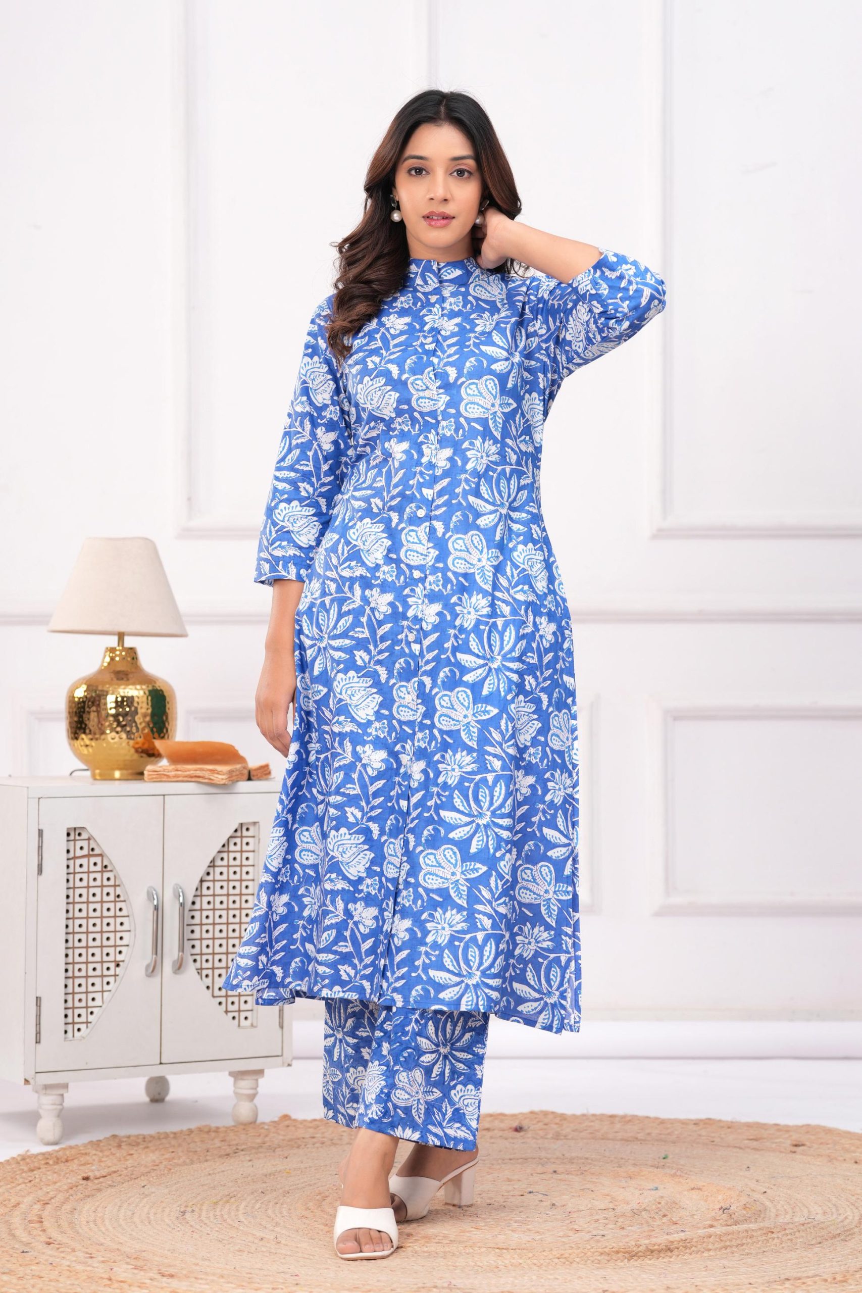 DSC05950 copy Kamee Women Pure Cotton Blue Floral Print Shirt & Trouser Co-Ords Set