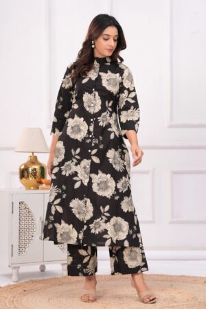 Kamee Pure Cotton Black Floral Print Co-Ord Set for Women