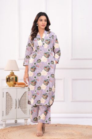 Kamee V-Neck Pure Cotton Purple Floral Co-Ord Set for Women