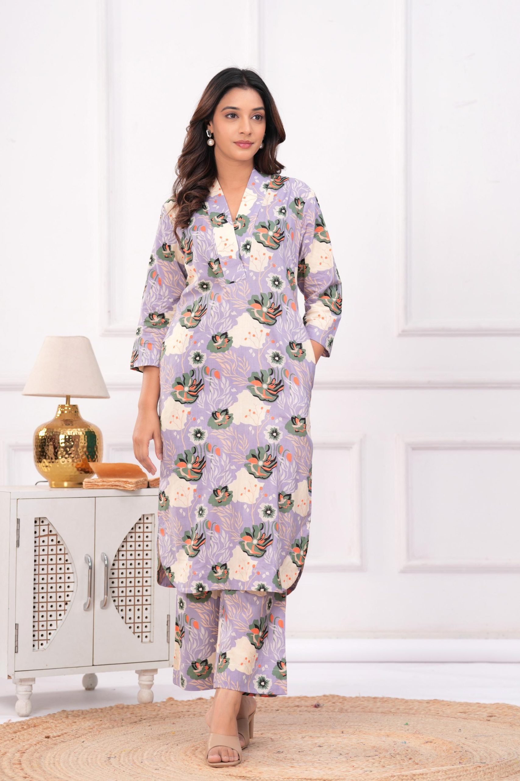 DSC05982 copy Kamee V-Neck Pure Cotton Purple Floral Co-Ord Set for Women