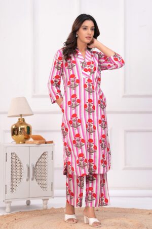 Kamee Pink Cotton Co-ord Set – Shirt and Trouser Combo for Women