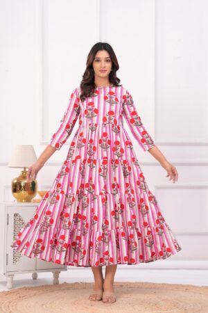 Kamee Pink Cotton Floral Dress with Three-Fourth Sleeves – Casual Women’s Dress