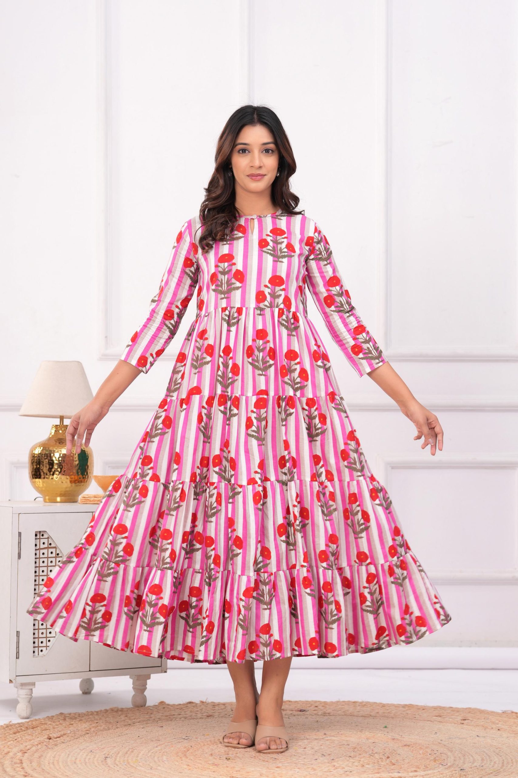 Kamee Pink Cotton Floral Dress with Three-Fourth Sleeves – Casual Women’s Dress