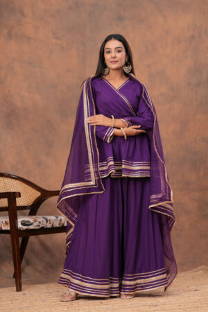 Kamee Purple V-Neck Kurta Palazzo Set with Dupatta in Cotton