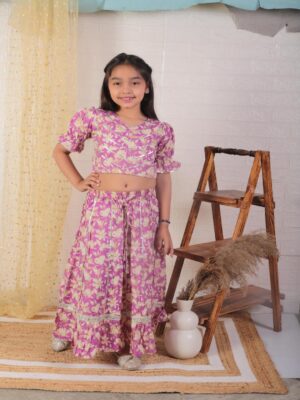 Kamee Girls Purple Lehenga & Choli Set with Dupatta in Cotton