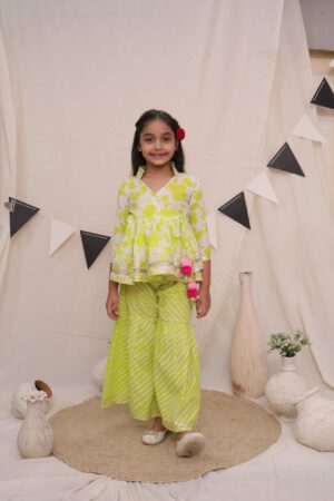 Ka-mee Girls Mandarin Collar Floral Printed Pure Cotton A-Line Kurti with Sharara