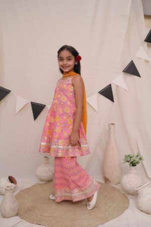 Ka-mee Girls Floral Printed Regular Zardozi Pure Cotton Kurta with Sharara & Dupatta